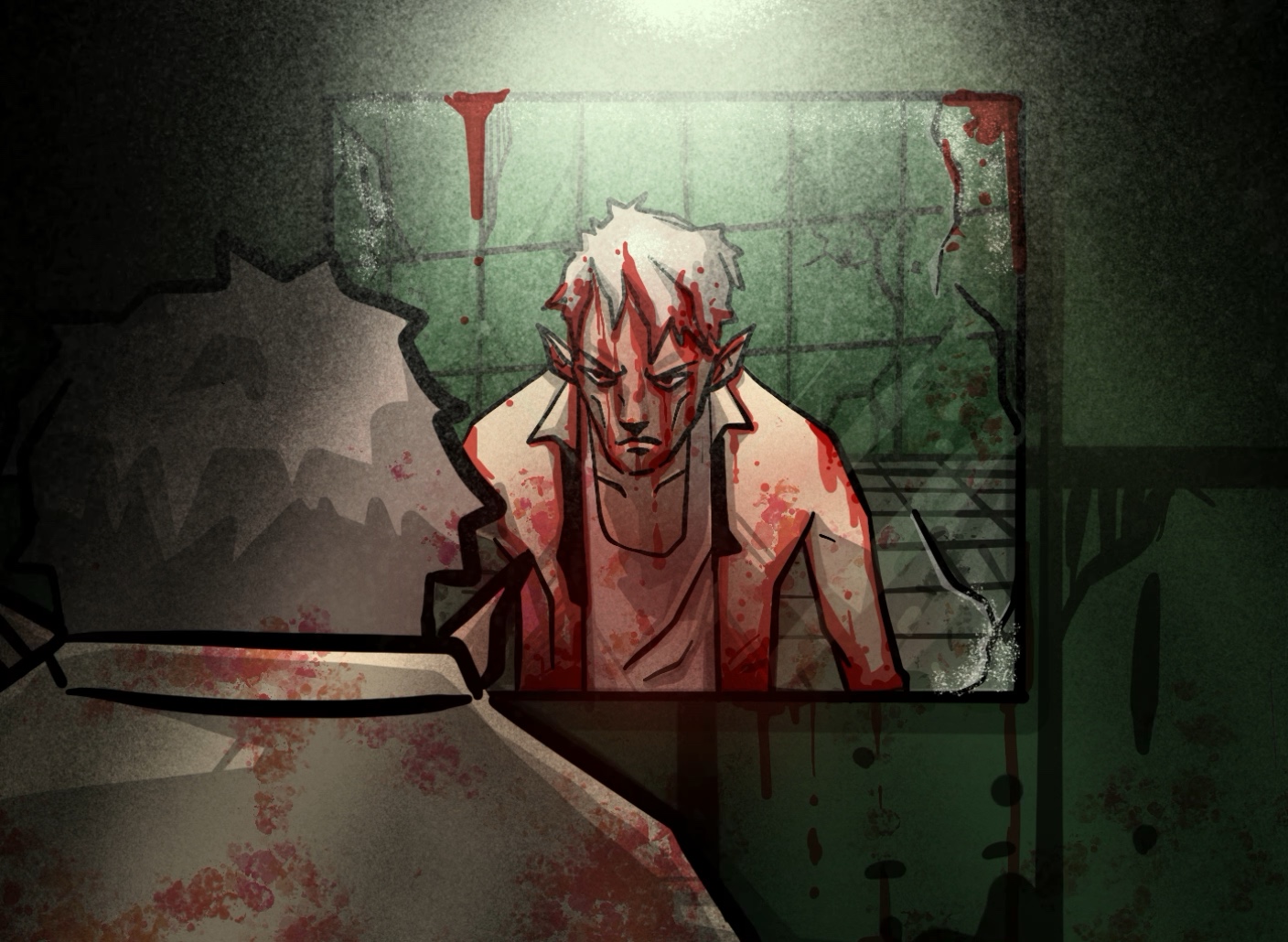 Dug, his face and clothing smeared with blood, marked by the curse of his bloodline